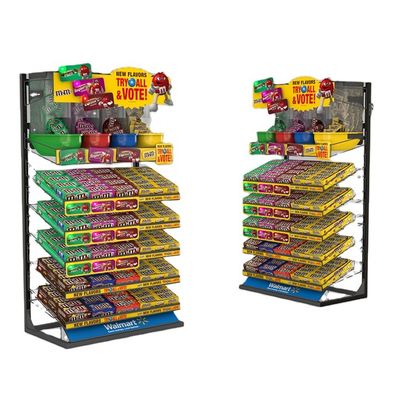 Los puntos de venta del caramelo exhiben el estante de exhibición del bocado de la tienda con las bandejas desprendibles del metal
