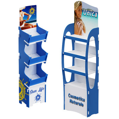 Stand de exhibición de suelo en cartón personalizable para productos para el cuidado de la piel de madera contrachapada y protector solar para bebés para tiendas minoristas